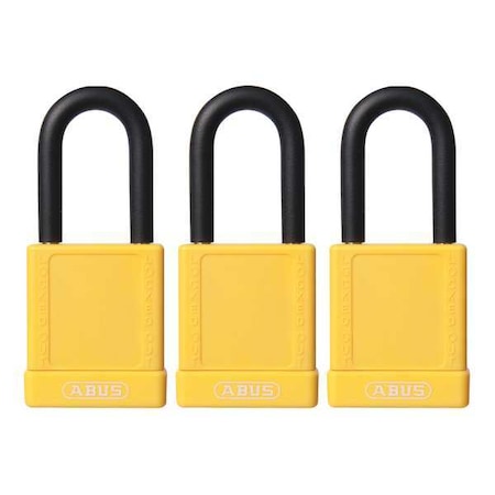 Lockout Padlock, Keyed Alike, Plastic-Covered Aluminum, Yellow, 1 1/2 in Shackle Height, 3 PK