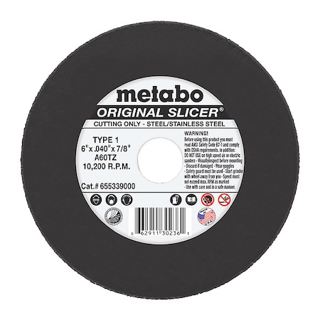 Abrasive Cut-Off Wheel, Type 1, 6 in Dia, 0.04 in Thick, 7/8 in Arbor Hole Size, Aluminum Oxide