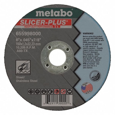 Abrasive Cut-Off Wheel, Type 1, 6 in Dia, 0.045 in Thick, 7/8 in Arbor Hole Size, Aluminum Oxide