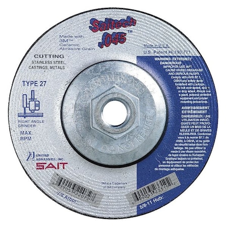 Depressed Center Cut-Off Wheel, Type 27, 5 in Dia, 0.045 in Thick, 5/8"-11 Arbor Hole Size, Ceramic