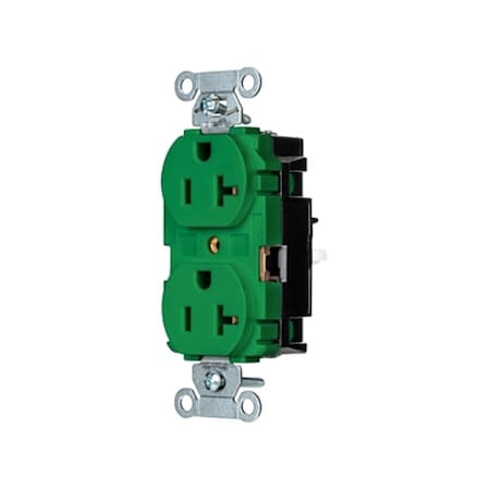 Straight Blade Receptacle, 5-20R, 20 A, 125V AC, 2 Pole, 3 Wire, Surface Mount, Single, Green