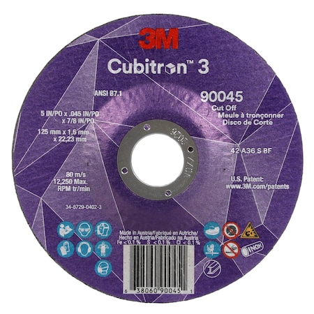 Cut-Off Wheel, Type 27, 5 in Dia, 0.045 in Thick, 7/8 in Arbor Hole Size, Ceramic, 36 Grit