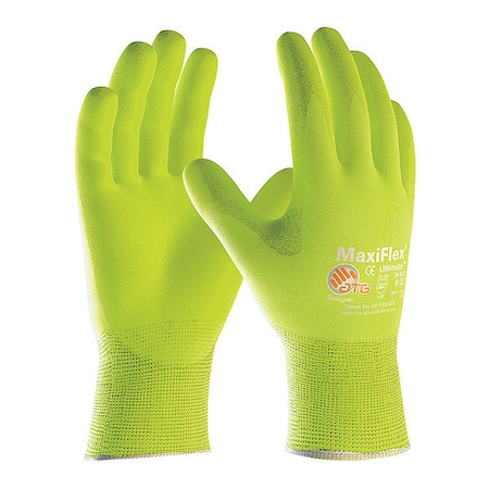Hi-Vis Coated Gloves, Foam Nitrile, Foam, Palm, 3 Abrasion Level, Lime, XL (10) 12 PK