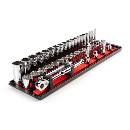 3/8 Inch Drive 12-Point Socket and Ratchet Set with Rails and Tray, 44-Piece 6-24 mm
