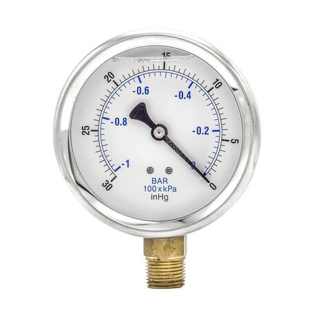 Vacuum Gauge,Liquid,4In,30-0In Hg Vacuum