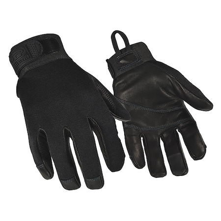 Law Enforcement Gloves, Goatskin Leather Palm, 9 in Length, Hook-and-Loop Cuff, Full Finger, Black