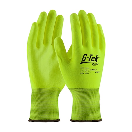 Hi-Vis Coated Gloves, Polyurethane, Flat, Palm, Not Rated Abrasion Level, Yellow, M 12 PK