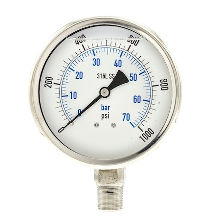 Industrial Pressure Gauge, 0 to 1,000 psi, 4 in Dial, 1/2 in NPT, Bottom Location