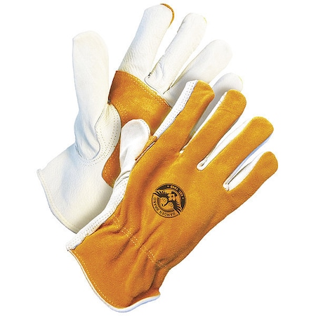 Leather Drivers Gloves, Shirred Slip-On Cuff, Keystone Thumb, Gold/Pearl, XL, 1 PR