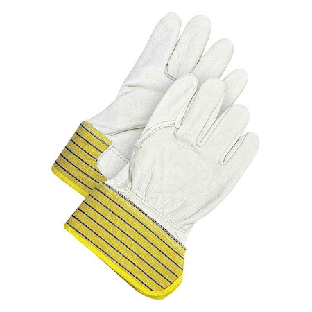 Leather Palm Gloves, Cowhide, Safety Cuff, Wing Thumb, Full Finger, Blue/Pearl/Yellow, L, 1 PR