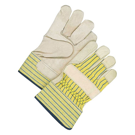 Leather Gloves, Cowhide, Safety Cuff, Wing Thumb, Full Finger, Blue/Tan/Yellow, L, 1 PR