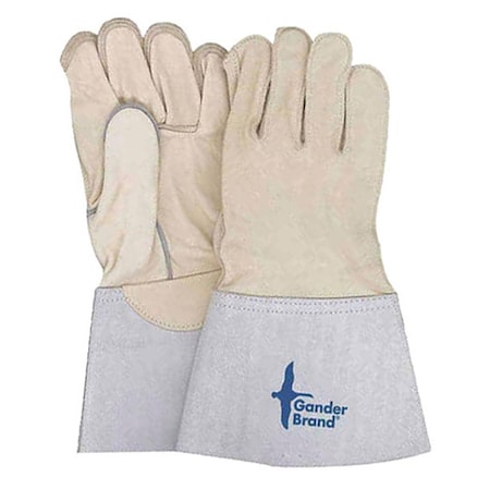 Leather Gloves, Gauntlet Cuff, Wing Thumb, Gray/Tan, S, 1 PR