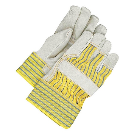Leather Gloves, Cowhide, Safety Cuff, Wing Thumb, Full Finger, Blue/Tan/Yellow, L, 1 PR