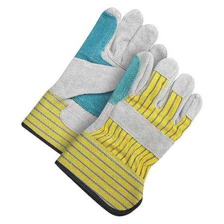 Leather Gloves, Cowhide, Safety Cuff, Wing Thumb, Full Finger, Gray/Teal, L, 1 PR