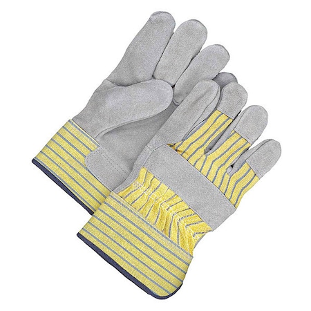 Leather Gloves, Cowhide, Safety Cuff, Wing Thumb, Full Finger, Blue/Gray/Yellow, L, 1 PR