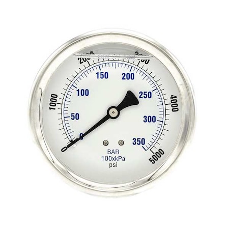 Industrial Pressure Gauge, 0 to 5,000 psi, 4 in Dial, 1/4 in NPT, Center Back Location