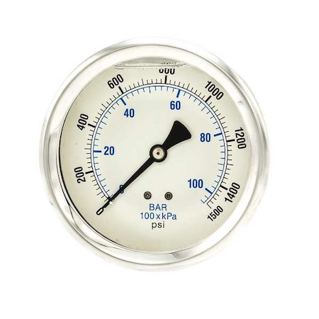 Industrial Pressure Gauge, 0 to 1,500 psi, 4 in Dial, 1/4 in NPT, Center Back Location