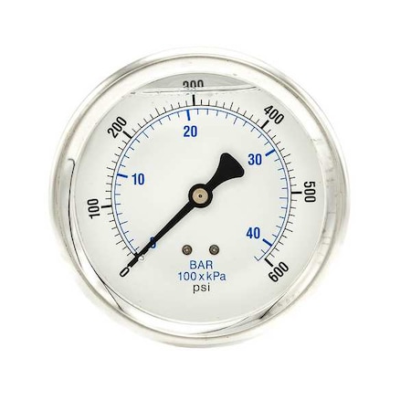 Industrial Pressure Gauge, 0 to 600 psi, 4 in Dial, 1/4 in NPT, Center Back Location