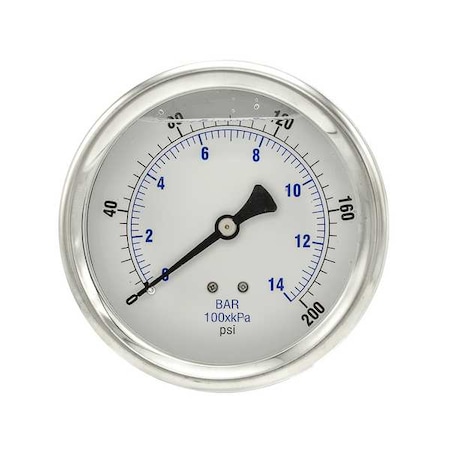 Industrial Pressure Gauge, 0 to 200 psi, 4 in Dial, 1/4 in NPT, Center Back Location