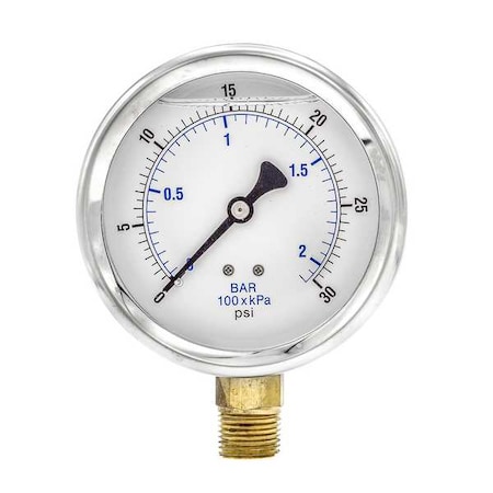Industrial Pressure Gauge, 0 to 30 psi, 4 in Dial, 1/2 in NPT, Bottom Location