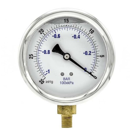 Vacuum Gauge,Liquid,4In,30-0In Hg Vacuum