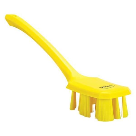 2 7/8 in W Scrub Brush, Stiff, 11 1/4 in L Handle, 4 3/4 in L Brush, Yellow, Plastic