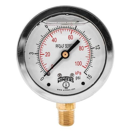 Lead-Free Pressure Gauge, 0 to 15 psi, 2 1/2 in Dial, 1/4 in NPT, Bottom Location