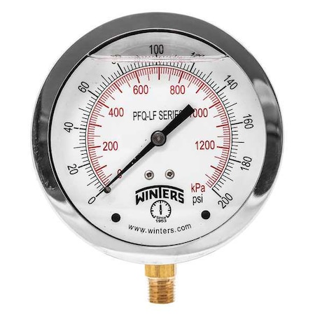 Lead-Free Pressure Gauge, 0 to 200 psi, 4 in Dial, 1/4 in NPT, Bottom Location