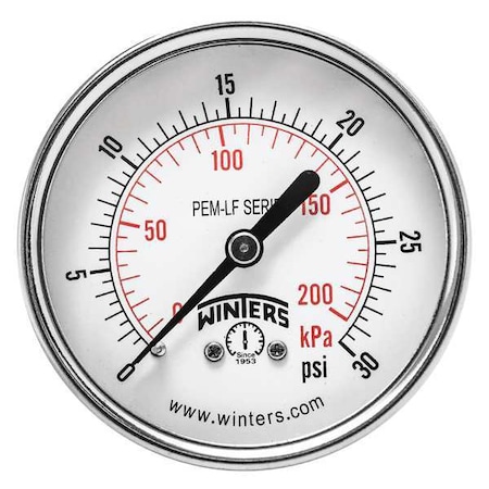 Lead-Free Pressure Gauge, 0 to 30 psi, 2 1/2 in Dial, 1/4 in NPT, Center Back Location