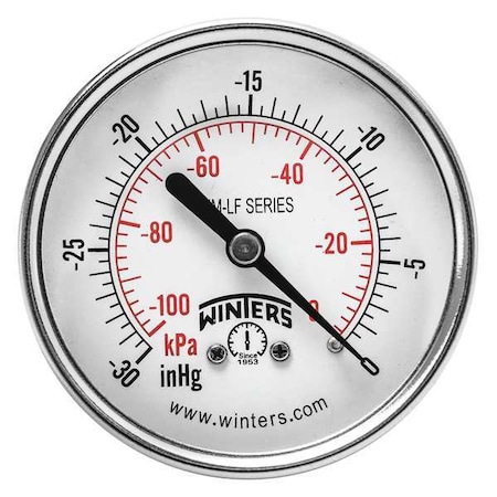 Lead-Free Vacuum Gauge, 30 to 0 psi, 2 1/2 in Dial, 1/4 in NPT, Bottom Location, Steel Case Material
