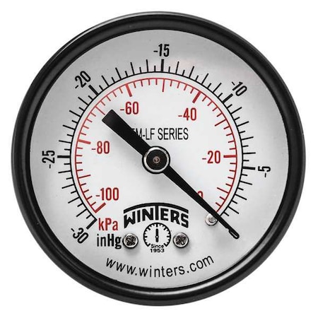 Lead-Free Vacuum Gauge, 30 to 0 psi, 2 in Dial, 1/4 in NPT, Back Location, Steel Case Material