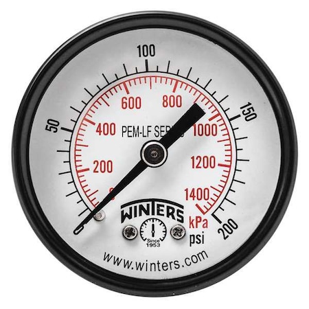 Pressure Gauge, 0 to 200 psi psi, 2 in Dial, 1/8 in NPT Center Back Location, Steel Case Material