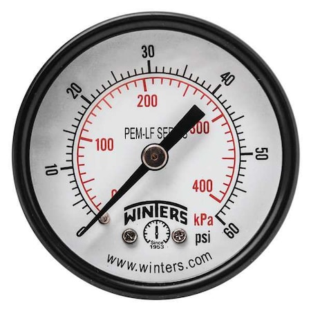 Lead-Free Pressure Gauge, 0 to 60 psi, 2 in Dial, 1/4 in NPT, Center Back Location