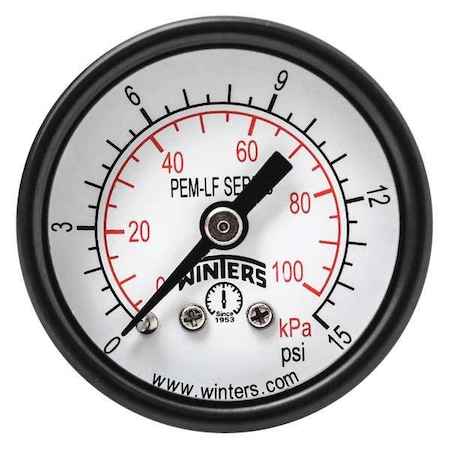 Pressure Gauge, 0 to 15 psi, 1 1/2 in Dial, 1/8 in NPT Center Back Location, Steel Case Material