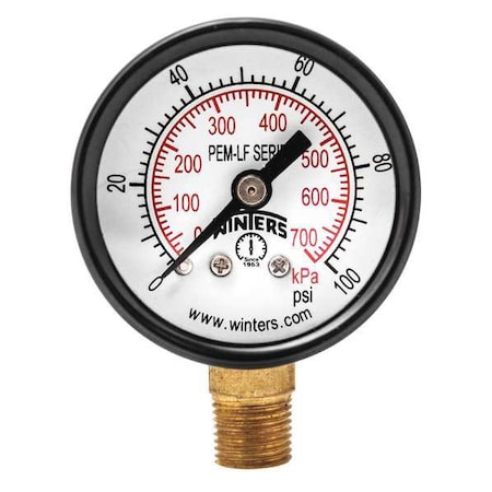 Lead-Free Pressure Gauge, 0 to 100 psi, 1 1/2 in Dial, 1/8 in NPT, Bottom Location