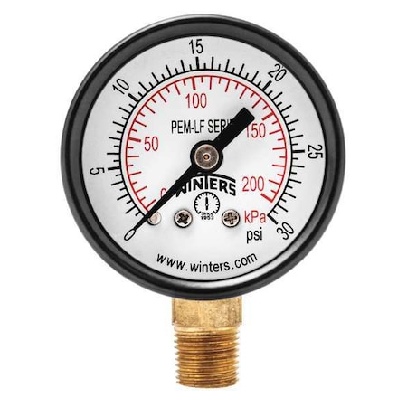 Lead-Free Pressure Gauge, 0 to 30 psi, 1 1/2 in Dial, 1/8 in NPT, Bottom Location