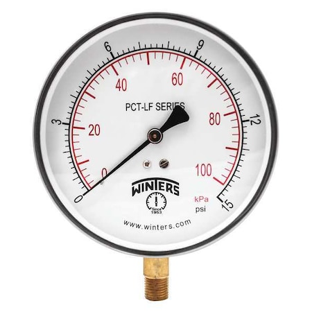 Lead-Free Pressure Gauge, 0 to 15 psi, 4 1/2 in Dial, 1/4 in NPT, Bottom Location