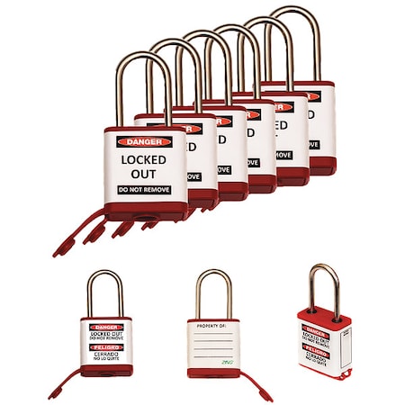 Lockout Padlock, Keyed Alike, Aluminum, Red, 1 1/2 in Shackle Height, 1 1/2 in Body Width, 6 PK