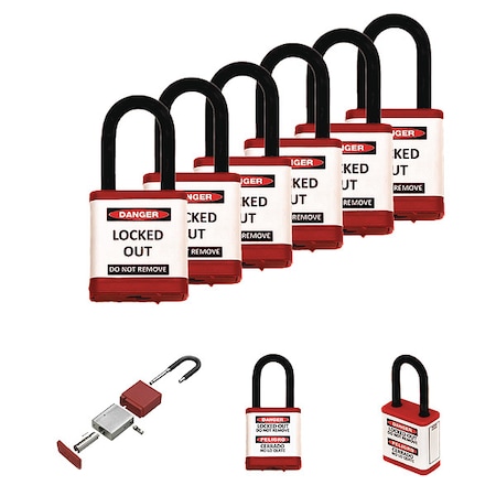 Lockout Padlock, Keyed Different, Aluminum, Red, 1 1/2 in Shackle Height, 1 1/2 in Body Width, 6 PK