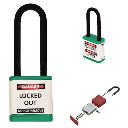 Lockout Padlock, Keyed Different, Aluminum, Green, 3 in Shackle Height, 1 1/2 in Body Width