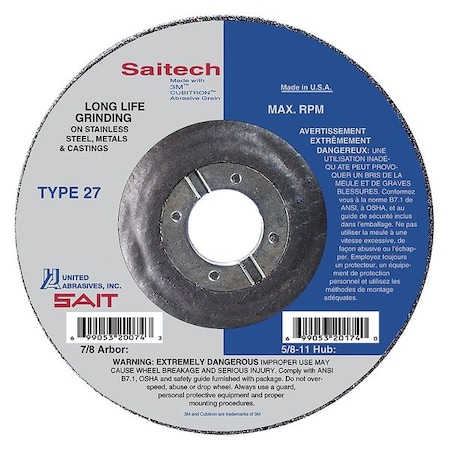 Cut-Off & Grinding Wheel, Type 27, 4 1/2 in Dia, 0.125 in Thick, 7/8 in Arbor Hole Size, Ceramic