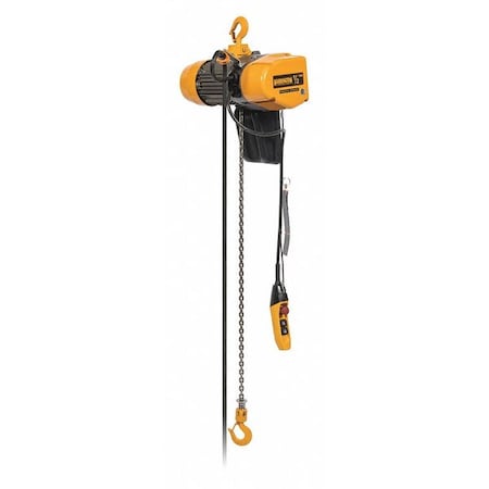 Electric Chain Hoist, 1,000 lb, 20 ft, Hook Mounted - No Trolley, 115V AC, Yellow