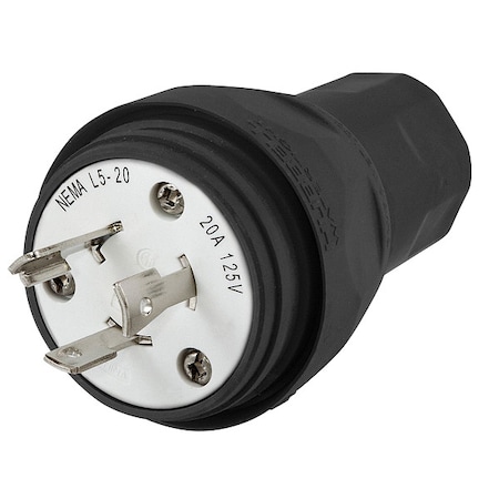 Watertight Locking Plug, L5-20P, 20 A, 125V AC, Single Phase, 2 Pole, Screw Terminals, Black